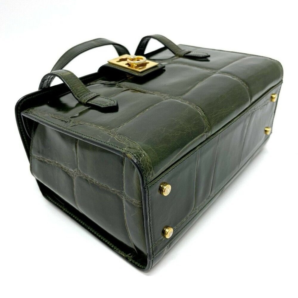 AUTHENTIC CELINE Croco embossed vintage Vanity box type Hand Bag Leather Green - Picture 8 of 8